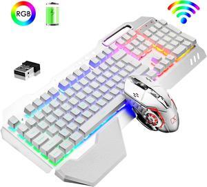 Wireless Gaming Keyboard and Mouse,Rainbow Backlit Rechargeable Keyboard Mouse with 3800mAh Battery Metal Panel,Removable Hand Rest Mechanical Feel Keyboard and 7 Color Gaming Mute Mouse for PC Gamers