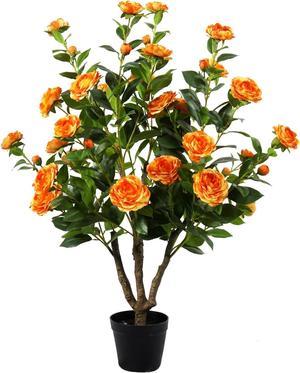 Artificial Camellia Tree 40",Faux Camellia Blooming Tree With 36 Flowers,Fake Floral Plant In Cement Pot For Indoor And Outdoor Decoration