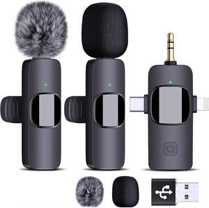 Dual Wireless Lavalier Microphones for iPhone Android Camera Laptop PC, 4 in 1 Wireless Lapel Mic for Video Recording Vlog, YouTube, TikTok, With Lightning/USB-C/3.5mm/USB Plug