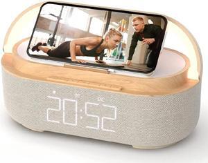 Bluetooth Speaker with Wireless Charger, FM Radio, Adjustable LED Night Light, Dual Wireless Speakers, Suitable for Home Decoration, Bedroom, Office, Gift(Wooden)