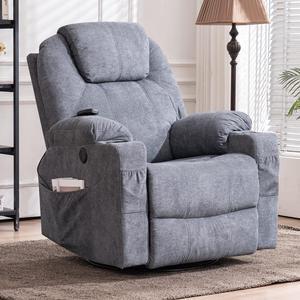 MEETWARM Swivel Rocker Massage Recliner Chair with Heat Ergonomic, Manual Glider Rocking Recliner Chair, 360° Swivel Lounge Reclining Chair with Cup Holders/4 Pockets/Remote Control/USB Ports (Gray)
