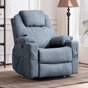 MEETWARM Swivel Rocker Massage Recliner Chair with Heat Ergonomic, Manual Glider Rocking Recliner Chair, 360° Swivel Lounge Reclining Chair with Cup Holder/Pockets/Remote Control/USB Ports (Gray-blue)