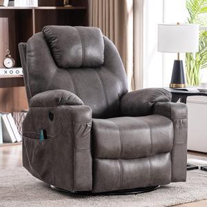 MEETWARM Swivel Rocker Massage Recliner Chair with Heat Ergonomic, Manual Glider Rocking Recliner Chair, 360° Swivel Lounge Reclining Chair with 4 Pockets/Cup Holders/Remote Control/USB Ports (Grey)