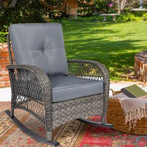 MEETWARM Outdoor Wicker Rocking Chair, Rattan Patio Rocker Chairs with Cushions and Steel Frame - Gray