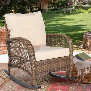 MEETWARM Outdoor Wicker Rocking Chair, Rattan Patio Rocker Chairs with Cushions and Steel Frame - Beige