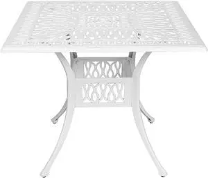 MEETWARM 35.4" Square Patio Dinning Table, Outdoor Cast Aluminum Dinning Large Table with 2.2" Umbrella Hole, White