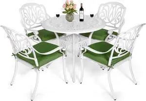 MEETWARM 5 Piece Patio Dining Set, Outdoor All-Weather Cast Aluminum Dining Table Set, Patio Furniture Set, Include 4 Chairs, 4 Cushions and 1 Round Table with Umbrella Hole, White