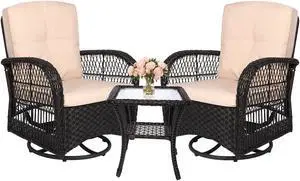 MEETWARM 3 Pieces Outdoor Wicker Swivel Rocker Patio Set, Rocking Chairs Rattan Patio Furniture Sets with Thickened Cushion and Glass-Top Coffee Table, Conversation Bistro Set for Porch(Dark Brown)