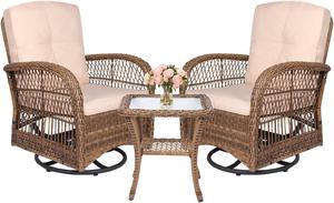 MEETWARM 3 Pieces Outdoor Wicker Swivel Rocker Patio Set, Rocking Chairs Rattan Patio Furniture Sets with Thickened Cushion and Glass-Top Coffee Table, Conversation Bistro Set for Porch(Light Brown)