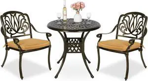 MEETWARM 3 Piece Patio Bistro Set, Outdoor All-Weather Cast Aluminum Dining Furniture Set Includes 2 Cushioned Chairs and a 31 Round Table with Umbrella Hole for Garden Deck
