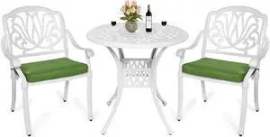 MEETWARM 3 Piece Patio Bistro Set, Outdoor All-Weather Cast Aluminum Dining Furniture Set Includes 2 Chairs and a 31 Round Table with Umbrella Hole for Garden Deck, White