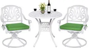 MEETWARM 3-Piece Outdoor Patio Dining Set, All-Weather Cast Aluminum Patio Conversation Set for Backyard Garden Deck with 2 Cushions Swivel Rocker Chairs and 31" Round Table, 2.2" Umbrella Hole, White