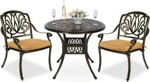 MEETWARM 3 Piece Patio Bistro Set, Outdoor All-Weather Cast Aluminum Dining Furniture Set Includes 2 Cushioned Chairs and a 35.4 Round Table with Umbrella Hole for Garden Deck