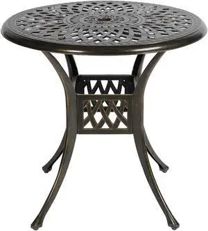 MEETWARM 31" Round Patio Bistro Table, Outdoor Cast Aluminum Small Dinning Table with 2" Umbrella Hole, Dark Bronze