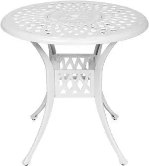 MEETWARM 31" Round Patio Bistro Table, Outdoor Cast Aluminum Small Dinning Table with 2" Umbrella Hole, White