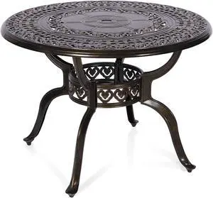 MEETWARM 38.5" Round Patio Dinning Table, Outdoor Cast Aluminum Dinning Table with 2" Umbrella Hole, Dark Bronze