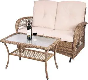 MEETWARM Outdoor Wicker Patio Glider Set with Glass-Top Coffee Table, Loveseat for 2 Person Porch Furniture Glider, Patio Glider Rocking Bench with Thickened Cushions