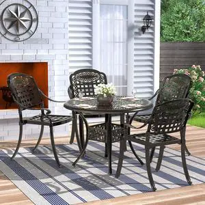 MEETWARM 5 Piece Patio Dining Set, Outdoor All-Weather Cast Aluminum Dining Table Set, Patio Furniture Set for Backyard Garden Deck, Include 4 Chairs and a 35.4" Round Table with Umbrella Hole