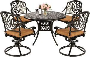 MEETWARM 5-Piece Outdoor Patio Dining Set, All-Weather Cast Aluminum Patio Conversation Set for Backyard Garden Deck with 4 Cushions Swivel Rocker Chairs and 35.4" Round Table, 2.2" Umbrella Hole