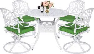 MEETWARM 5-Piece Outdoor Patio Dining Set, All-Weather Cast Aluminum Patio Conversation Set for Backyard Garden Deck with 4 Cushions Swivel Rocker Chairs and 35.4" Round Table, White