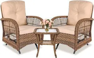 MEETWARM 3 Pieces Outdoor Patio Wicker Rocking Glider Set, Rocking Chairs Rattan Patio Furniture Sets with Thickened Cushion and Glass-Top Coffee Table, Conversation Bistro Set for Porch & Backyard