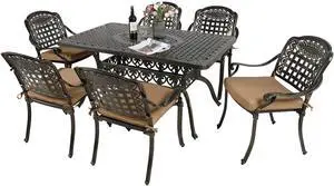 MEETWARM 7-Piece Outdoor Furniture Dining Set, All Weather Cast Aluminum Patio Garden Set with 6 Chairs, 6 Cushions, 1 Rectangular Table, 2" Umbrella Hole, Dark Bronze