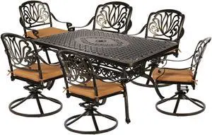 MEETWARM 7-Piece Outdoor Patio Dining Set, All-Weather Cast Aluminum Patio Conversation Set for Backyard Garden Deck with 6 Cushioned Swivel Rocker Chairs, 1 Rectangular Table, 2" Umbrella Hole