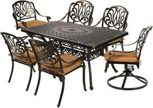 MEETWARM 7-Piece Outdoor Patio Dining Set, All-Weather Cast Aluminum Patio Conversation Set with 2 Swivel Rocker Chairs, 4 Stationary, 1 Rectangular Table, 6 Cushions, 2" Umbrella Hole