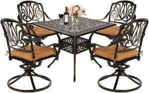 MEETWARM 5-Piece Outdoor Patio Dining Set, All-Weather Cast Aluminum Patio Conversation Set for Backyard Garden Deck with 4 Cushions Swivel Rocker Chairs and 35.4" Square Table, 2.2" Umbrella Hole