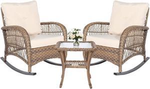 MEETWARM 3 Pieces Outdoor Wicker Rocking Chair Set, Rattan Patio Rocker Chairs Set with Cushions and Glass-Top Coffee Table, Conversation Bistro Set for Porch & Backyard - Beige