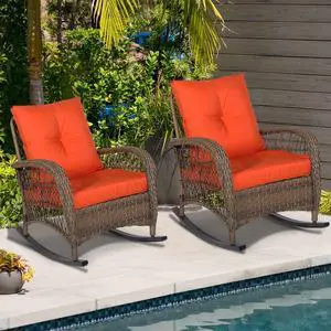 MEETWARM Outdoor Wicker Patio Rocking Chair Cushioned Rattan Rocker Chair for Porch, Deck, Poolside with Steel Frame, Weather-Resistant Orange Cushions, Set of 2