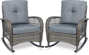 MEETWARM Outdoor Wicker Patio Rocking Chair Cushioned Rattan Rocker Chair for Porch, Deck, Poolside with Steel Frame, Weather-Resistant Gray Cushions, Set of 2