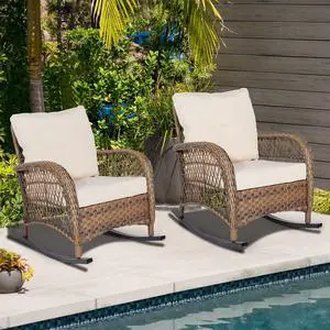 MEETWARM Outdoor Wicker Patio Rocking Chair Cushioned Rattan Rocker Chair for Porch, Deck, Poolside with Steel Frame, Weather-Resistant Beige Cushions, Set of 2