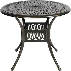 MEETWARM 35.4" Round Patio Dinning Table, Outdoor Cast Aluminum Dinning Table with 2" Umbrella Hole, Dark Bronze