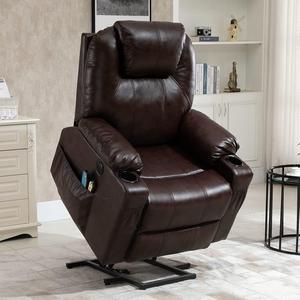 MEETWARM Power Lift Chair Electric Recliner for Elderly Heated Vibration Massage Faux Leather Recliner Chair with 2 Remote Controls, USB Ports, Cup Holders & Side Pockets for Living Room (Brown)