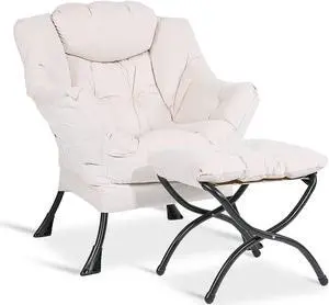 MEETWARM Modern Velvet Fabric Lazy Chair with Ottoman, Accent Contemporary Lounge Chair, Upholstered Single Leisure Sofa Chair with a Side Pocket, Armrests and Thick Padded Back for Living Room(Beige)