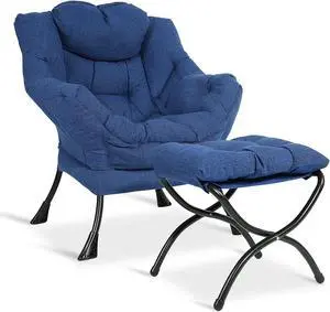 MEETWARM Modern Velvet Fabric Lazy Chair with Ottoman, Accent Contemporary Lounge Chair, Upholstered Single Leisure Sofa Chair with a Side Pocket, Armrests and Thick Padded Back for Living Room(Blue)