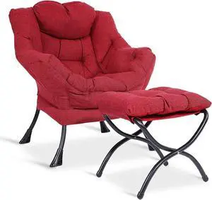 MEETWARM Modern Velvet Fabric Lazy Chair with Ottoman, Accent Contemporary Lounge Chair, Upholstered Single Leisure Sofa Chair with a Side Pocket, Armrests and Thick Padded Back for Living Room(Red)