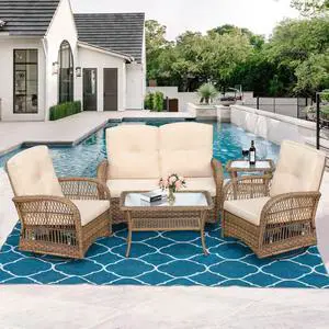 MEETWARM 5 Pieces Outdoor Patio Rattan Furniture Sets, All Weather Patio Wicker Conversation Set - 2 Rocking Swivel Chairs 1 Rattan Loveseat Glider with Cushions, 2 Glass-Top Coffee Table, Beige