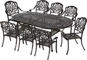 MEETWARM 9-Piece Outdoor Patio Dining Set, 8 Outdoor Dining Chairs and 1 Oval Table with 2" Umbrella Hole, All Weather Cast Aluminum Patio Funiture Set for Backyard, Patio, Garden