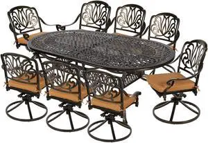 MEETWARM 9-Piece Outdoor Patio Dining Set, All-Weather Cast Aluminum Patio Conversation Set for Backyard Garden Deck with 8 Cushioned Swivel Rocker Chairs, 1 Oval Table, 2" Umbrella Hole