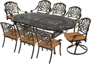 MEETWARM 9-Piece Outdoor Patio Dining Set, All-Weather Cast Aluminum Patio Conversation Set with 2 Swivel Rocker Chairs, 6 Stationary, 1 Oval Table, 8 Cushions, 2" Umbrella Hole
