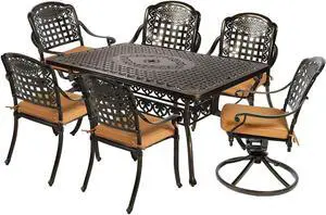MEETWARM 7-Piece Outdoor Patio Dining Set, All-Weather Cast Aluminum Patio Conversation Set with 4 Stationary, 2 Swivel Rocker Chairs, 1 Rectangular Table, 6 Cushions, 2" Umbrella Hole