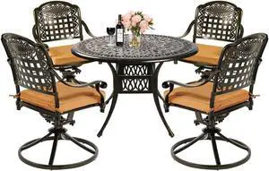 MEETWARM 5-Piece Outdoor Patio Dining Set, All-Weather Cast Aluminum Patio Conversation Set with 4 Cushions Swivel Rocker Chairs for Backyard Garden Deck and 35.4" Round Table, 2.2" Umbrella Hole