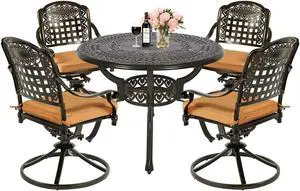 MEETWARM 5-Piece Outdoor Patio Dining Set, All-Weather Cast Aluminum Patio Conversation Set with 4 Cushions Swivel Rocker Chairs for Backyard Garden Deck and 38.5" Round Table, 2.2" Umbrella Hole