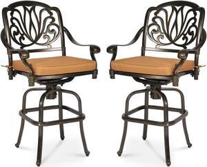 MEETWARM 2 Piece Outdoor Patio Swivel Bar Stools, All-Weather Cast Aluminum Bar Height Bistro Chairs, Outdoor Furniture Bar Dining Chair Set with Cushions for Garden Deck Backyard, Dark Bronze