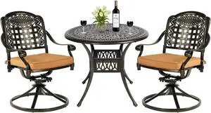 MEETWARM 3-Piece Outdoor Patio Dining Set, All-Weather Cast Aluminum Patio Conversation Set with 2 Cushions Swivel Rocker Chairs and 35.4" Round Table for Backyard Garden Deck, 2.2" Umbrella Hole