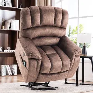 MEETWARM Large Power Lift Electric Recliner Chair with Massage and Heat, Overstuffed Wide Recliner for Elderly Big People, Plush Fabric Recliners with 2 Remote Controls, USB Ports, Side Pockets(Brown)