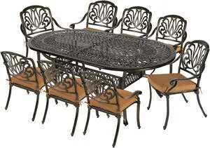 MEETWARM 9-Piece Outdoor Patio Dining Set, 8 Outdoor Dining Chairs and 1 Oval Table with 2" Umbrella Hole, All Weather Cast Aluminum Patio Funiture Set for Backyard, Patio, Garden