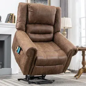 MEETWARM Large Power Lift Electric Recliner Chair with Massage and Heat, Overstuffed Wide Recliner for Elderly, Heavy Duty Recliner for Living Room with 2 Remote Controls/USB Ports/Side Pockets(Brown)